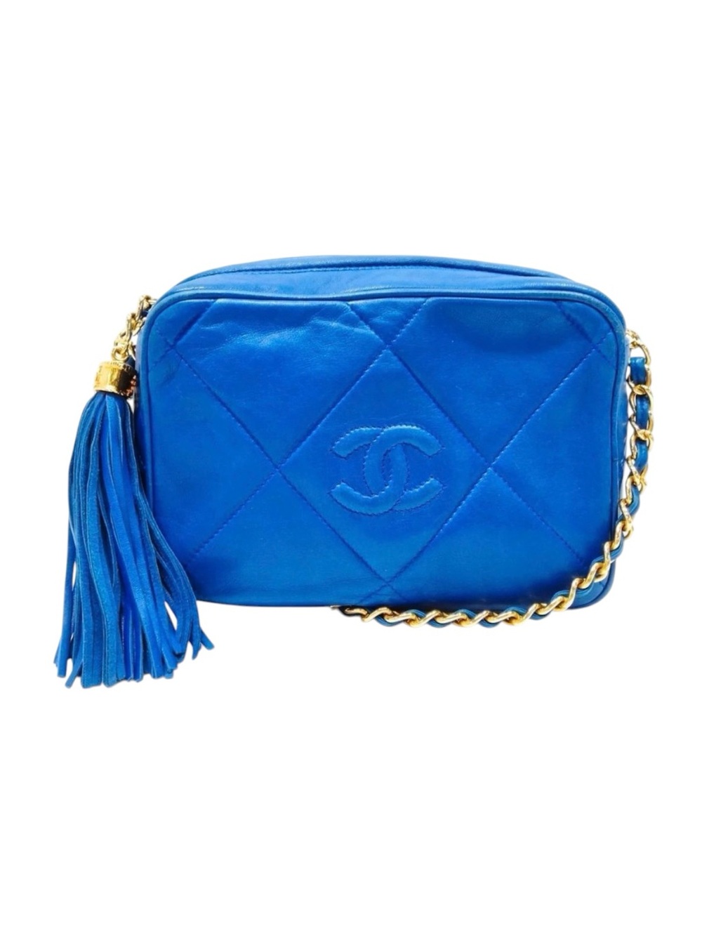 CHANEL Quilted Tassel CC Camera Bag Case Blue Lambskin Auth 1980s Crossbody